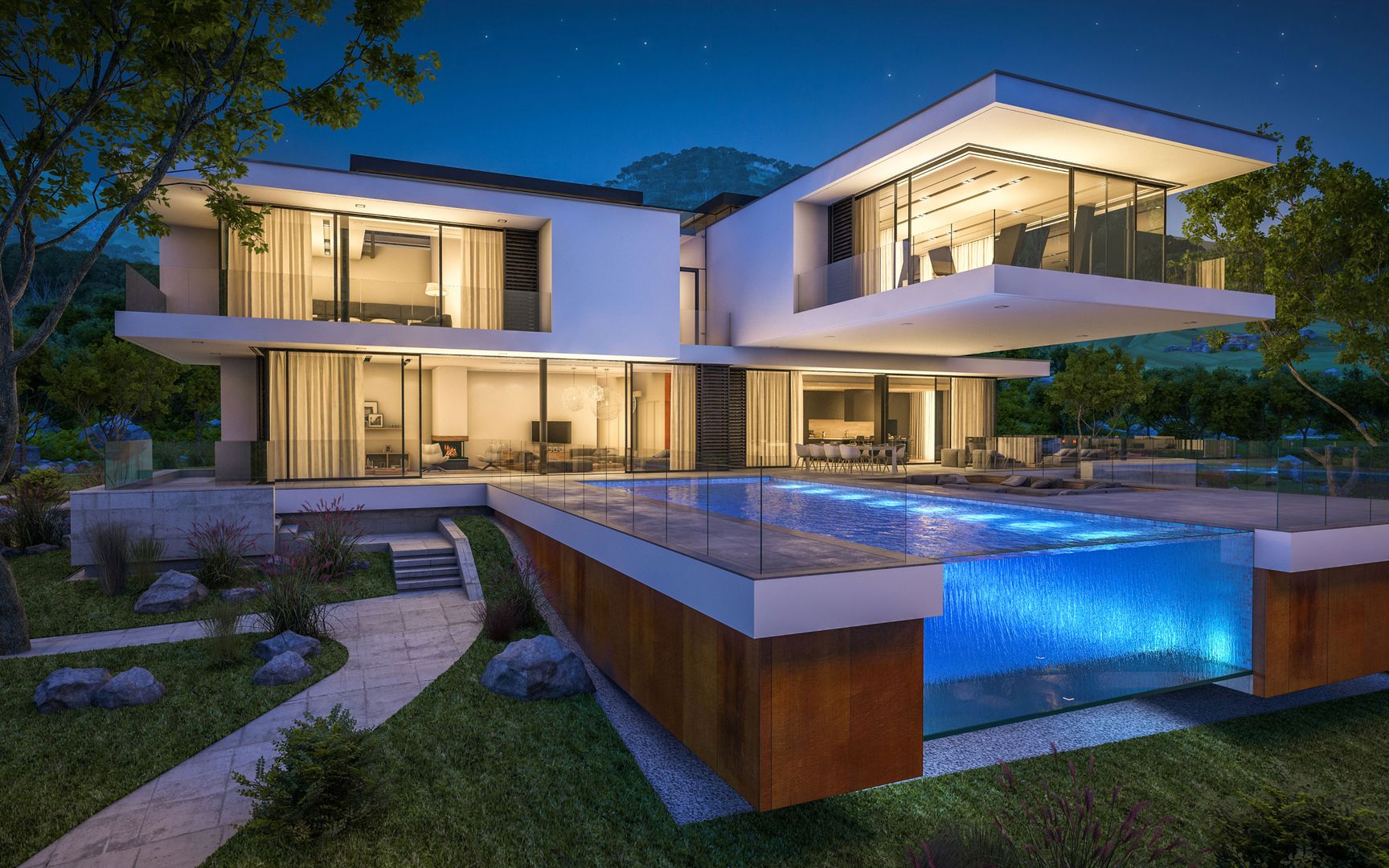 Ein modernes zweistöckiges Haus mit großen Glasfenstern, einem beleuchteten Außenpool und üppigem Grün.